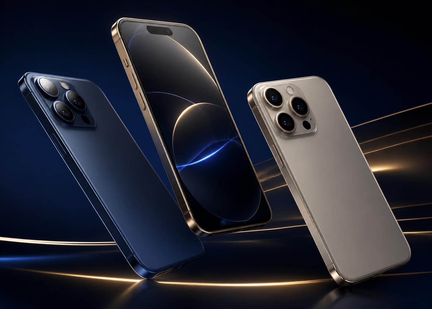 Três smartphones premium em destaque sobre fundo azul escuro